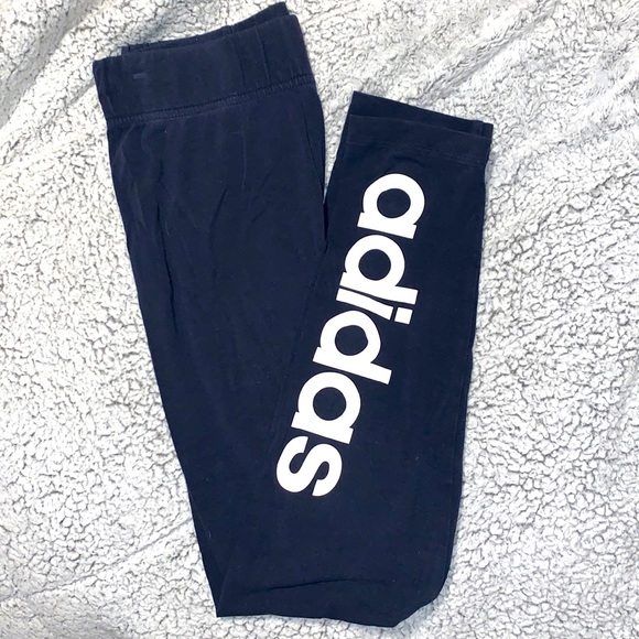 Adidas Navy blue leggings w/,”ADIDAS ,” written in white down front lower leg. - Picture 5 of 10